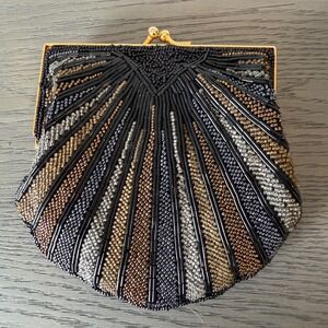 VTG Beaded Shell Clutch Bag Black Gold Silver Art Deco Crossbody‎ 20s 40s Retro